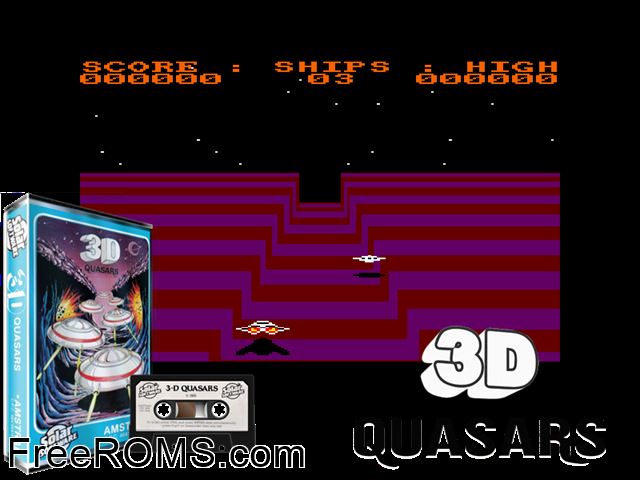 3D Quasars (UK) (1985) [t1] Amstrad CPC game showing 3D box cover and gameplay screenshot